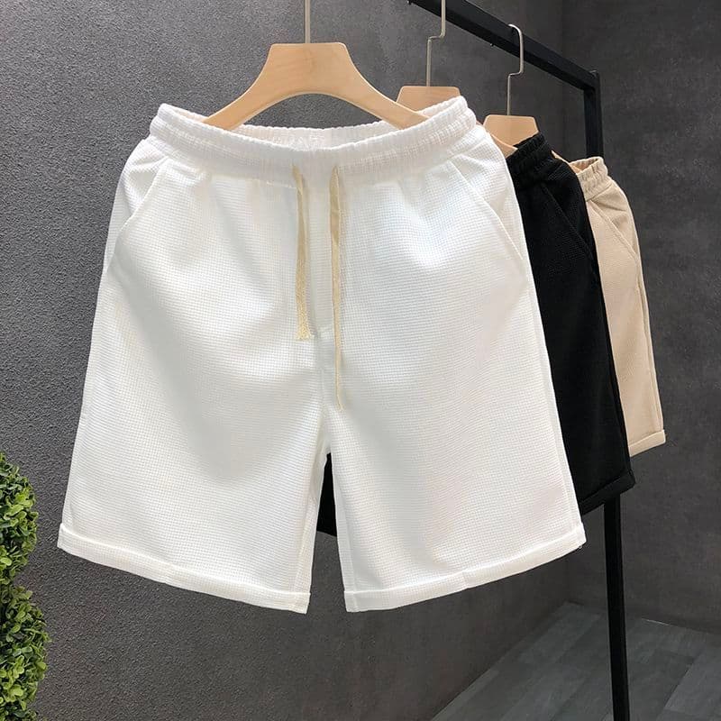 Primavera E Verão Novo Estilo Masculino Feminino casual waffle shorts Cor Sólida Cordão Calças Esportivas Praia De Cinco