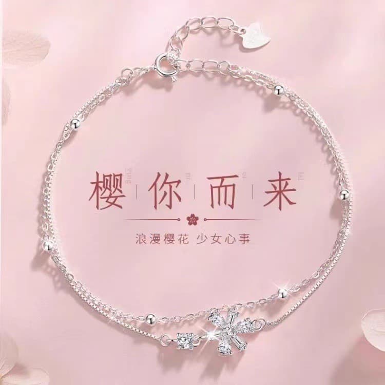 Pulseira Dupla de Sakura Feminina com Zircônia Romântica Presente Dia dos Namorados J0424