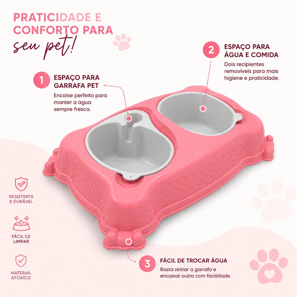 Comedouro e Bebedouro Duplo para Cães e Gatos Plast Pet Pratic Eco com Porta Garrafa Pet