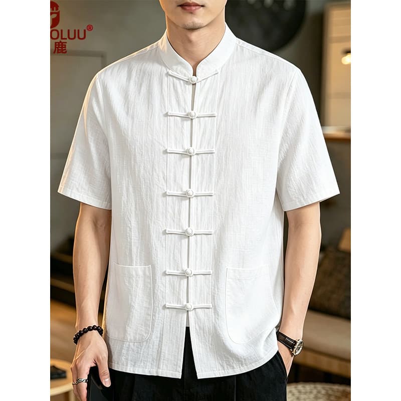 Chinês étnico Tang terno de manga curta meia-idade idosos algodão linho Retro Tai Chi meia manga verão linho masculino f
