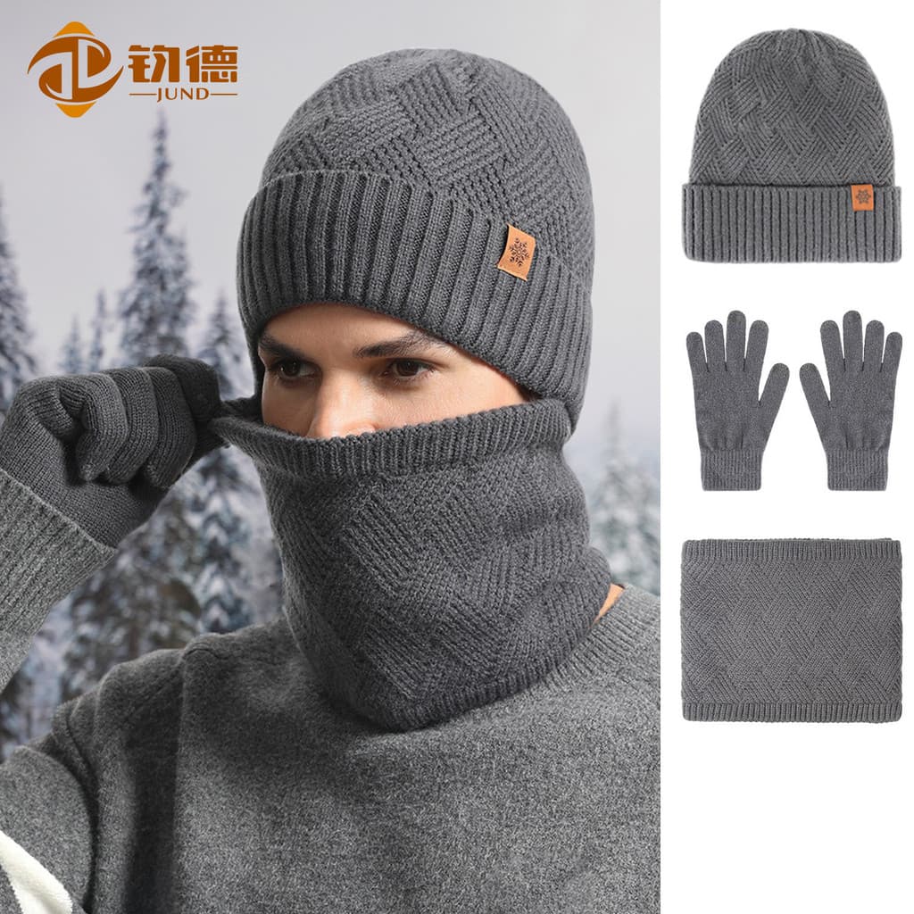 W inverno masculino chapéu de malha à prova de frio babador de malha velo engrossado dupla camada babador luvas chapéu c