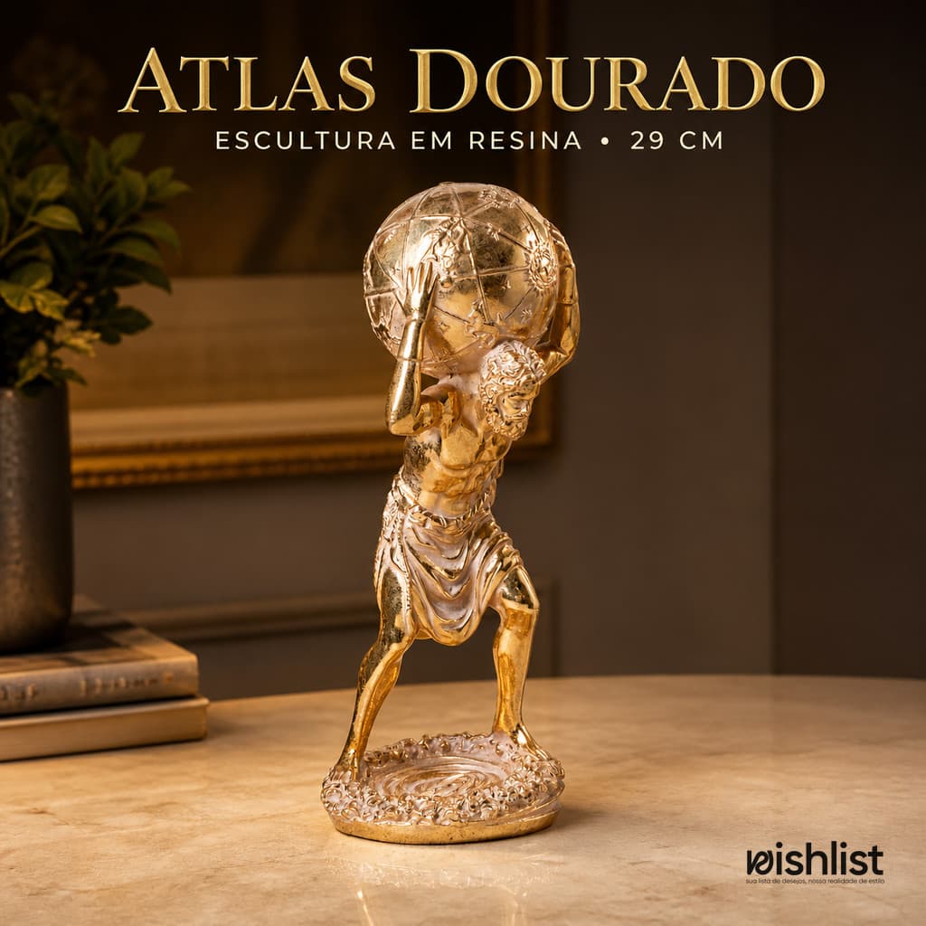 Escultura Atlas Dourada 29cm Resina Decorativa Para Sala Escritório Estante