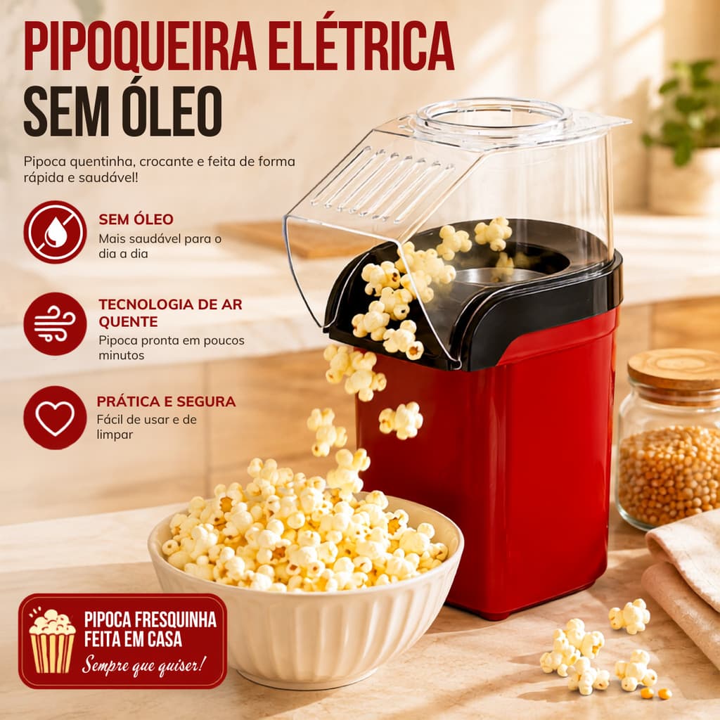 Pipoqueira Elétrica Sem Óleo Ar Quente 220V Rápida 3min Lanche Saudável para Casa Festa Churrasco Infantil Portátil