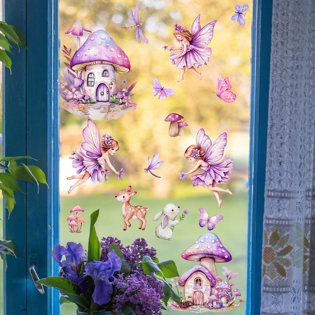 Adesivos de parede cogumelo fada borboleta janela adesivos eletrostáticos dupla face visível vidro adesivos decoração pa