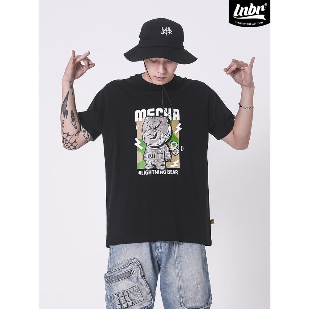 LNBR urso elétrico 2021 novo estilo urso mecânico preto camiseta única na moda dos desenhos animados diversão solta mang