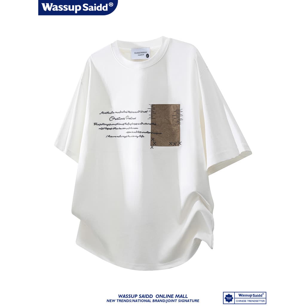 WASSUP SAID American Retro Gola Redonda Manga Curta Camiseta Estampada Exclusiva Masculina Meia Manga Top Solto Moderno