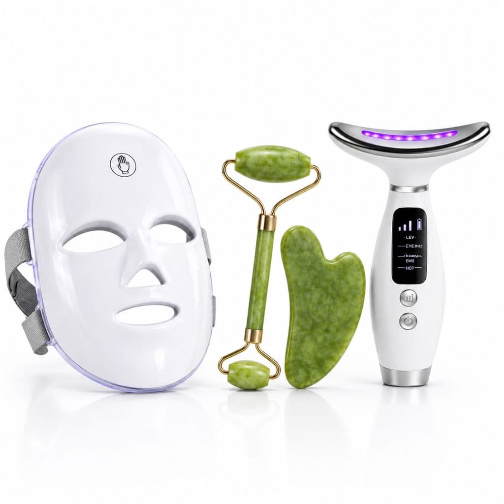 Kit Facial Completo Máscara LED 7 Cores + Massageador Facial LED + Jade Roller Gua Sha