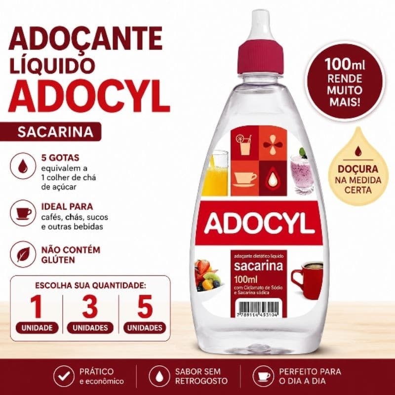 Adoçante Líquido Adocyl Sacarina 100ml – 1, 3 ou 5 Unidades