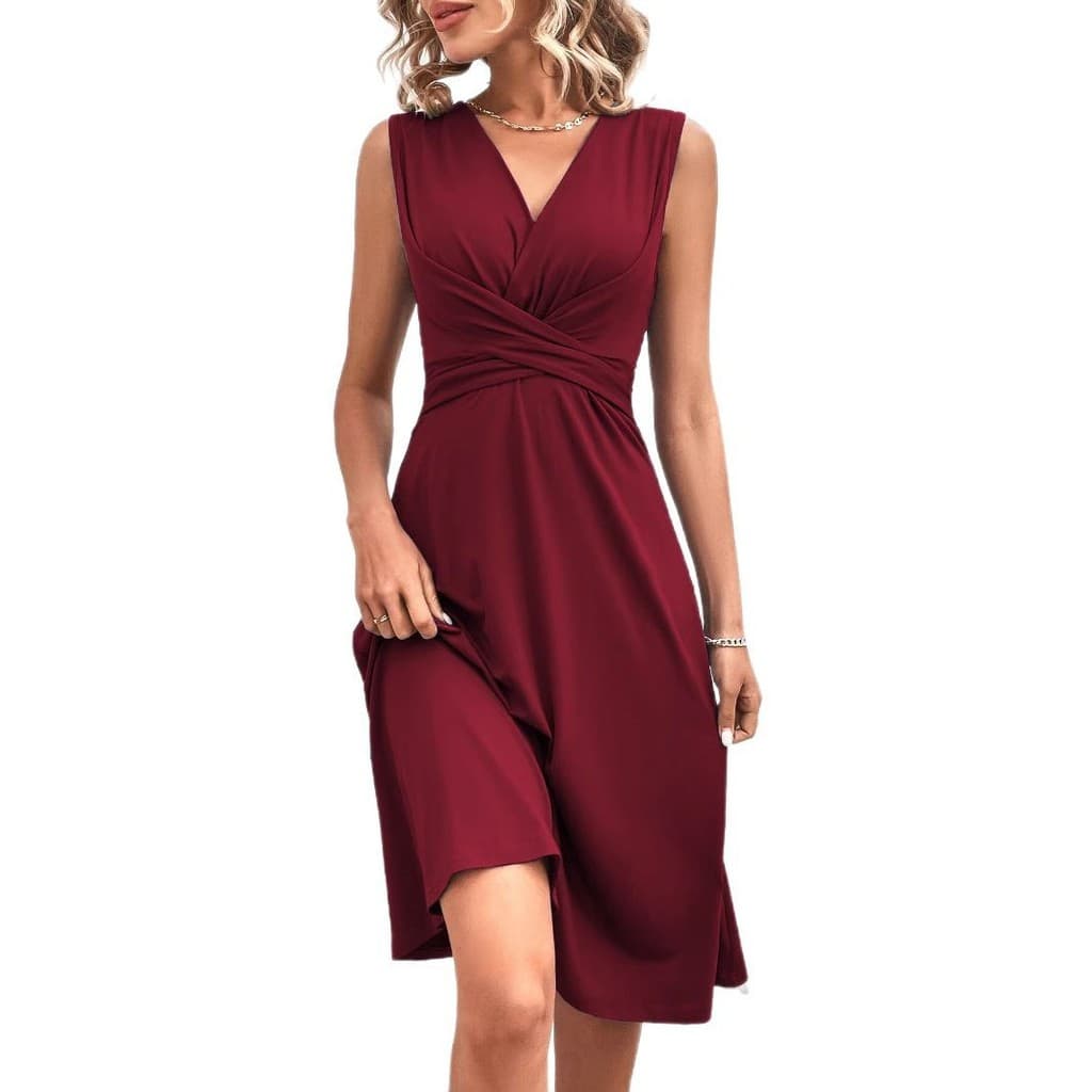 Saia Midi sem mangas plissada cruzada com decote em V de cor sólida, vestido longo feminino