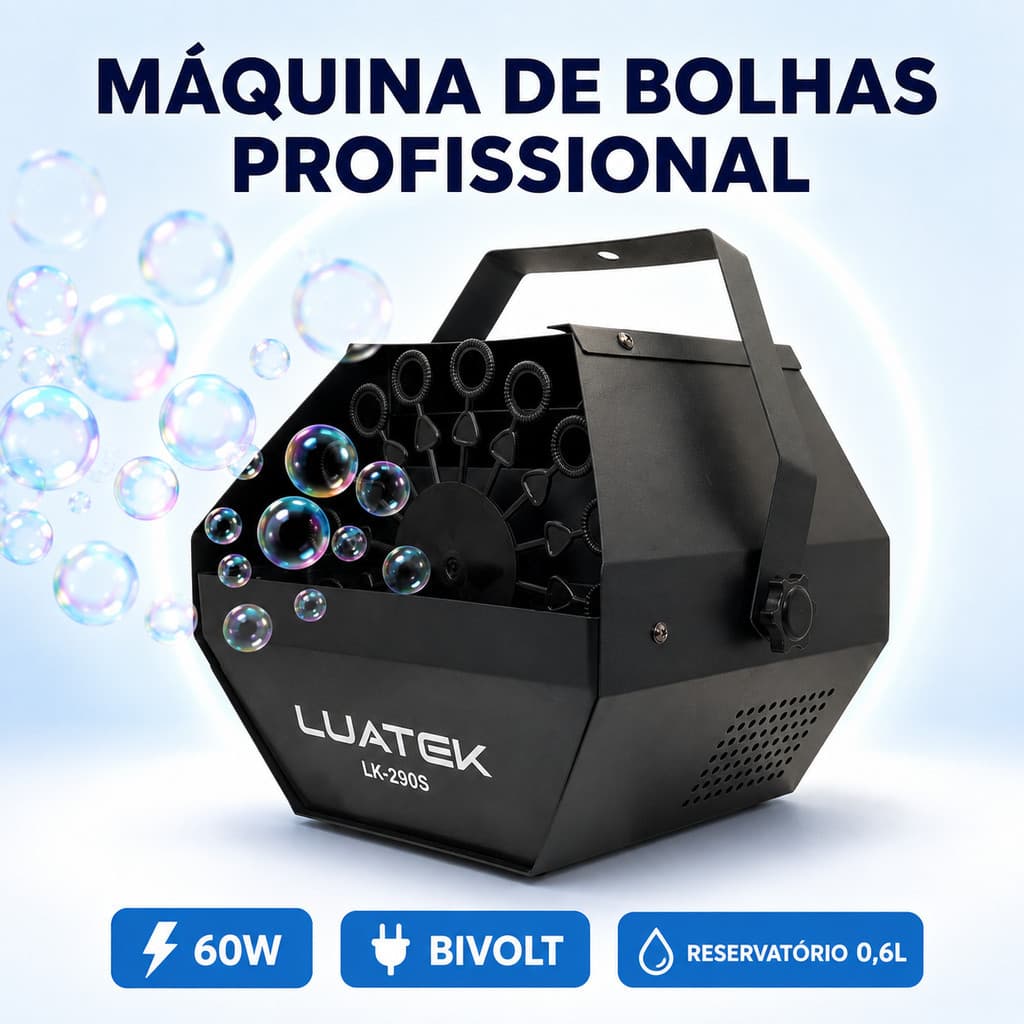 Máquina de Bolhas de Sabão Profissional 60W Bivolt 0,6L para Festas Casamentos Eventos e DJ LUATEK