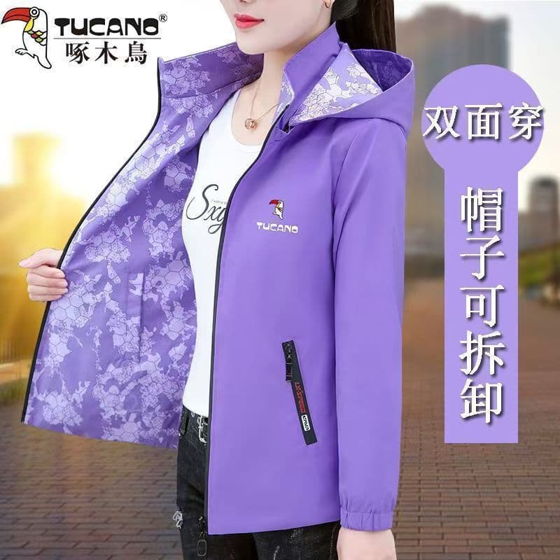 Woodpecker dupla face jaqueta Casual feminina 2025 primavera outono solto tamanho grande jaqueta com capuz jaqueta curta