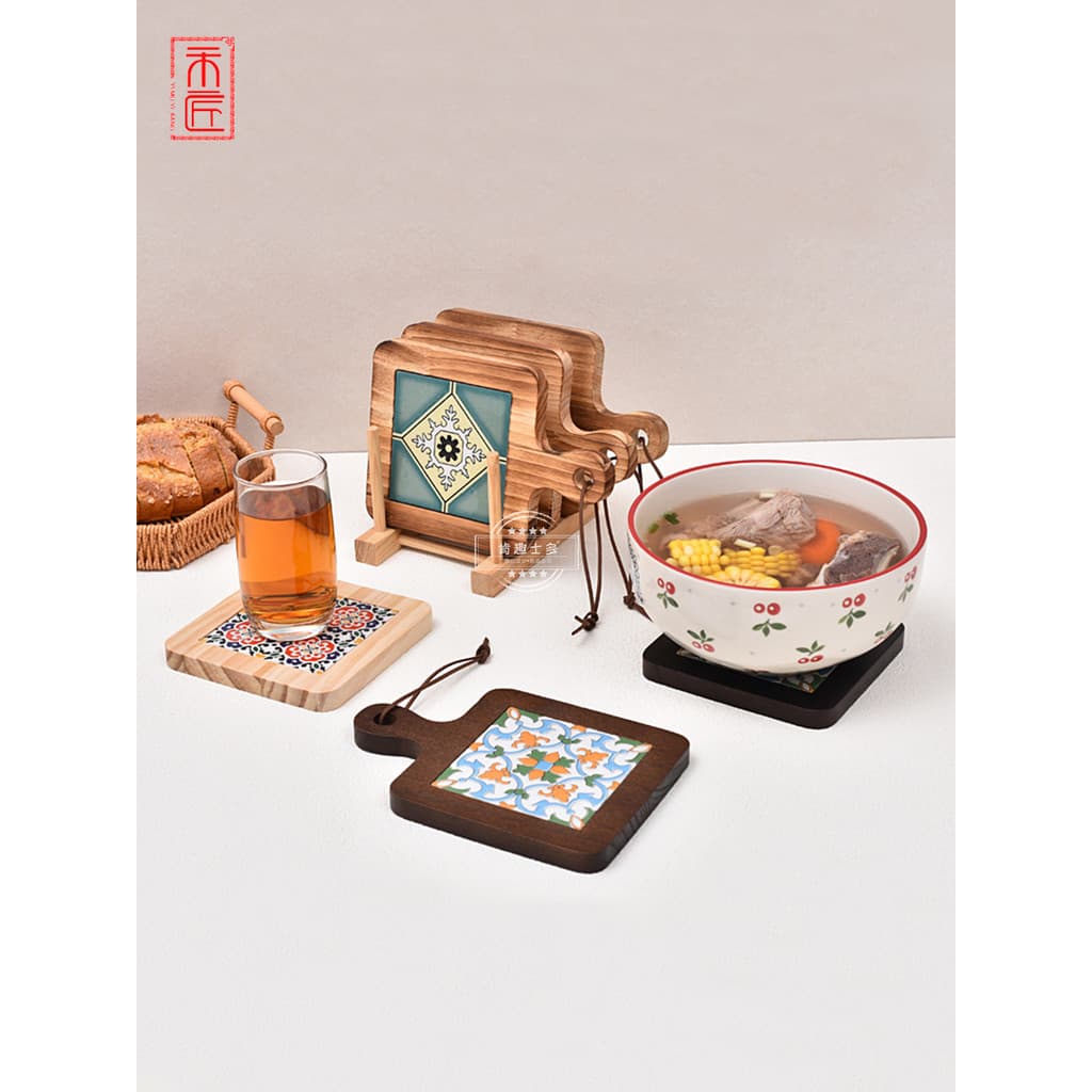 Hejiang novo produto Retro telha cerâmica Coaster almofada de isolamento antiderrapante resistente a altas temperaturas