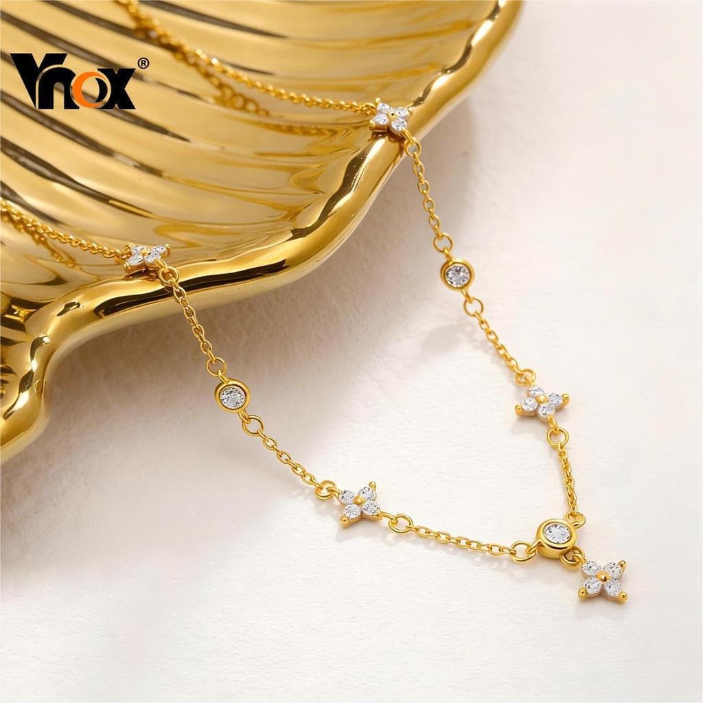Colar Com Pingente Banhado A Ouro Vnox Full Zircon Clover Para Mulheres – Joias Elegantes Presente