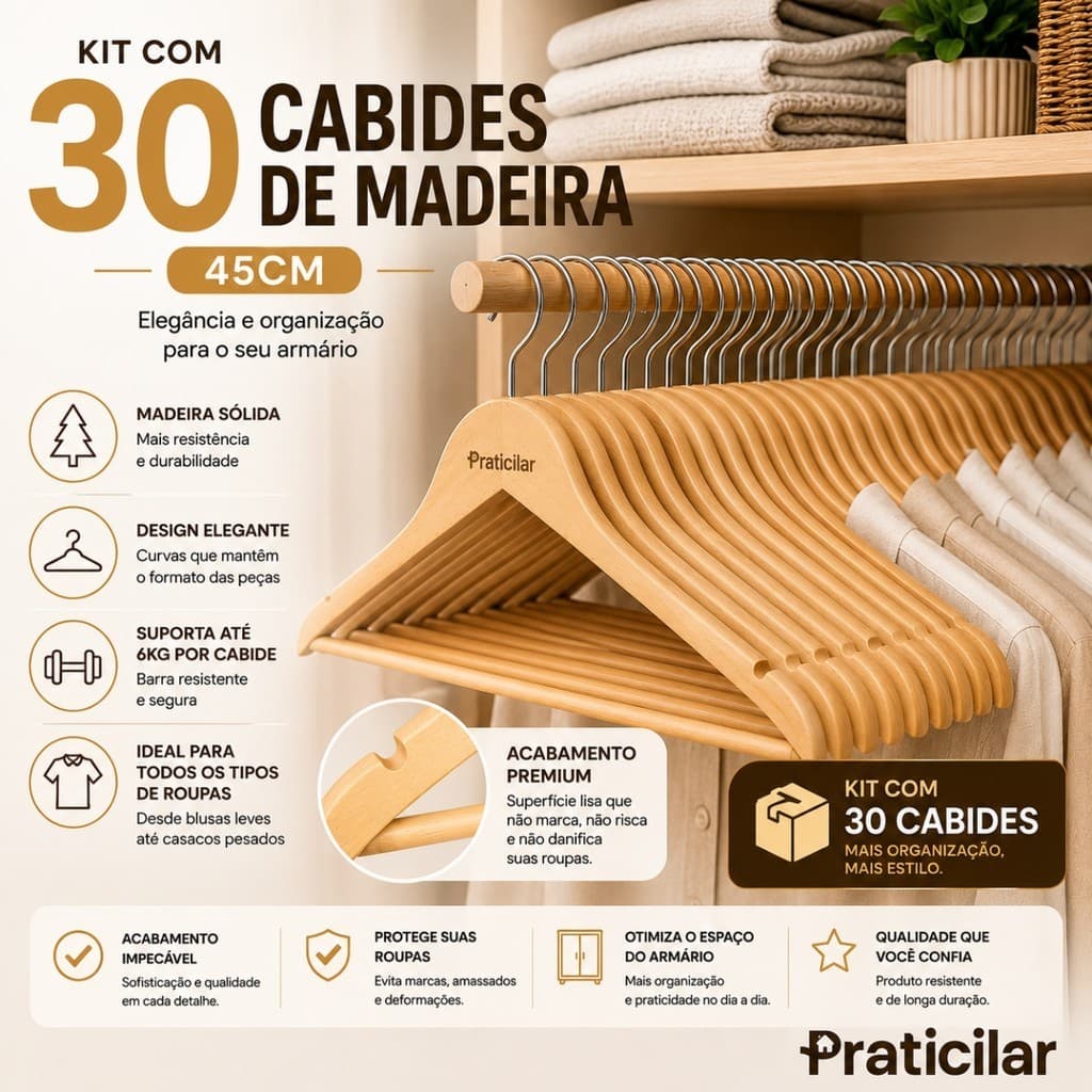 Kit com 30 Cabides de Madeira Para Armário Organização de Roupas Loja Quarto