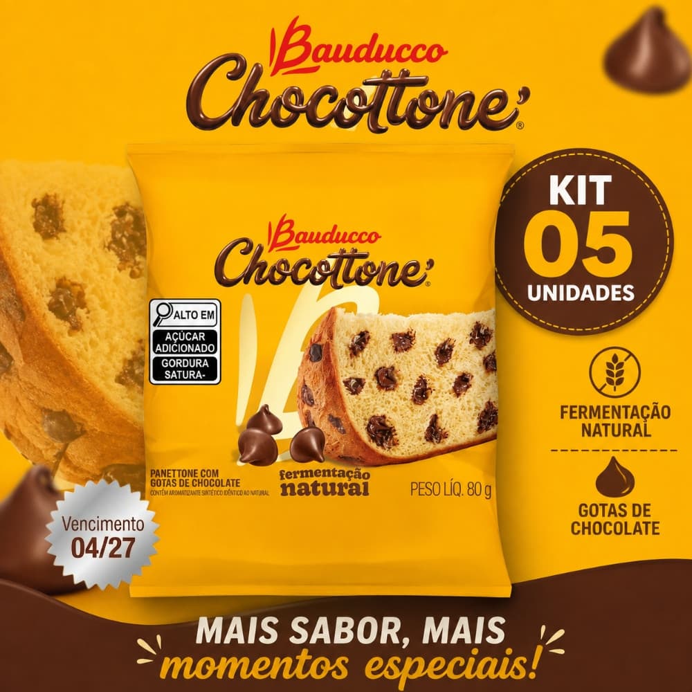 Kit Chocottone Bauducco 80g 5 Unidades Gotas de Chocolate Flowpack
