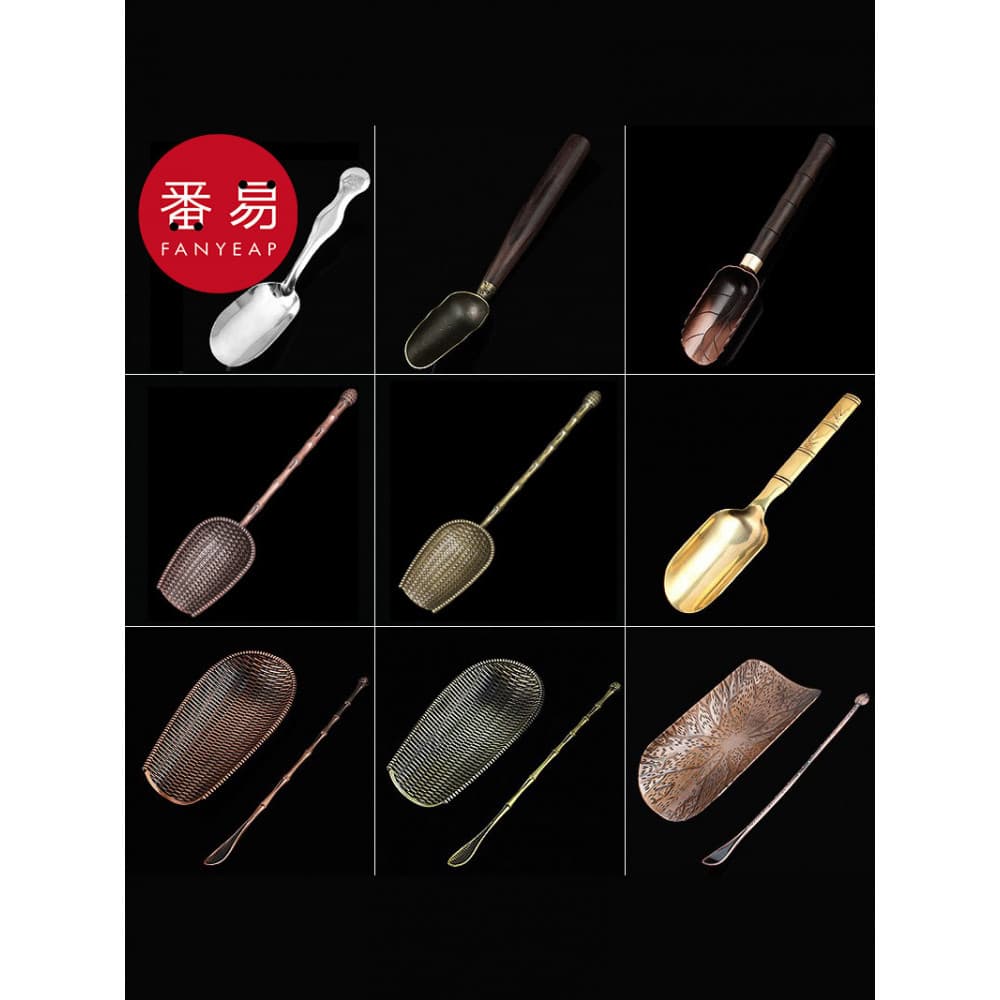 Colher de chá A1pn001-Ebony colher de chá madeira maciça cobre pequeno cabo longo pá de chá chá japonês Kung Fu chá