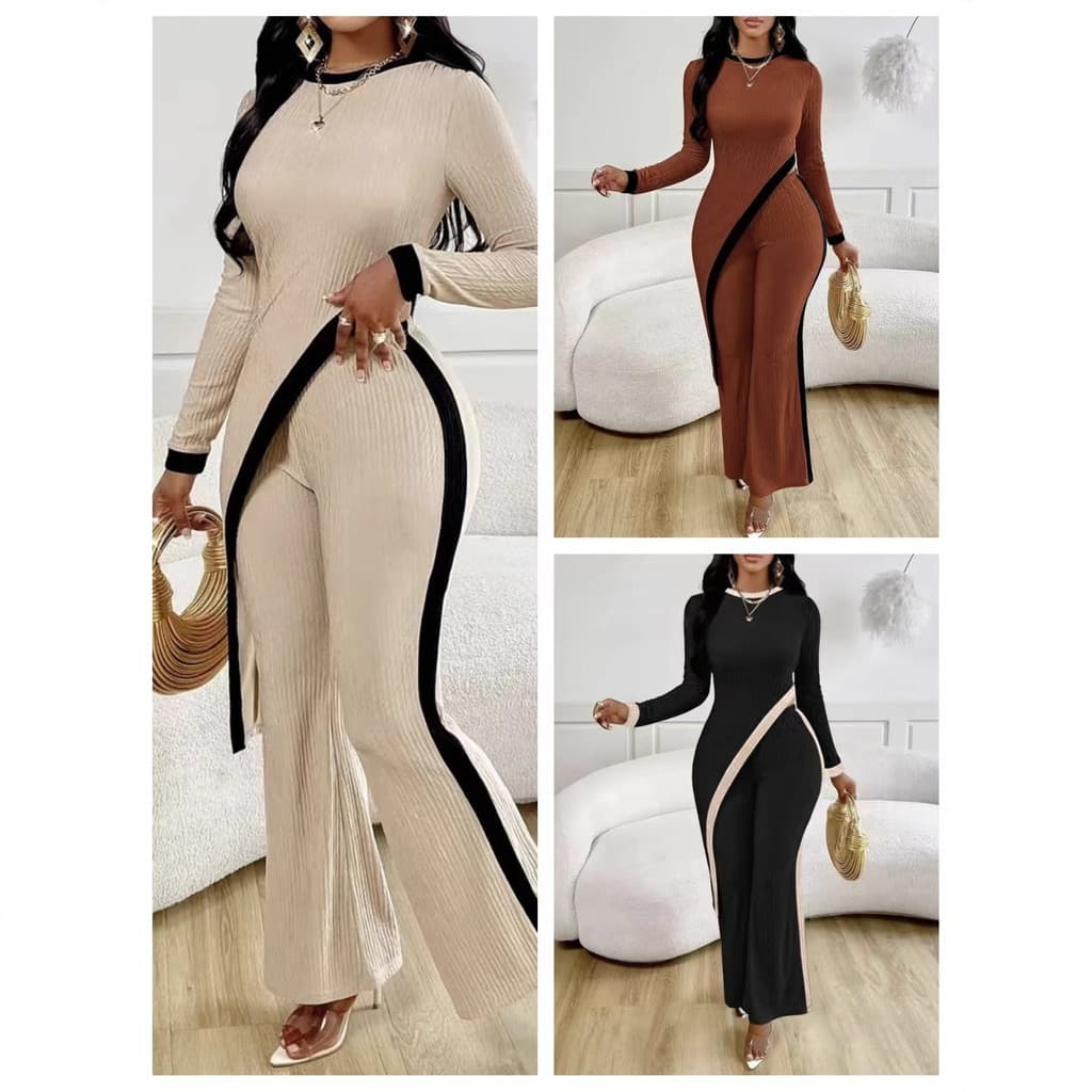 2025 primavera moda feminina contraste cor manga comprida fenda lateral camiseta + calças de costura terno