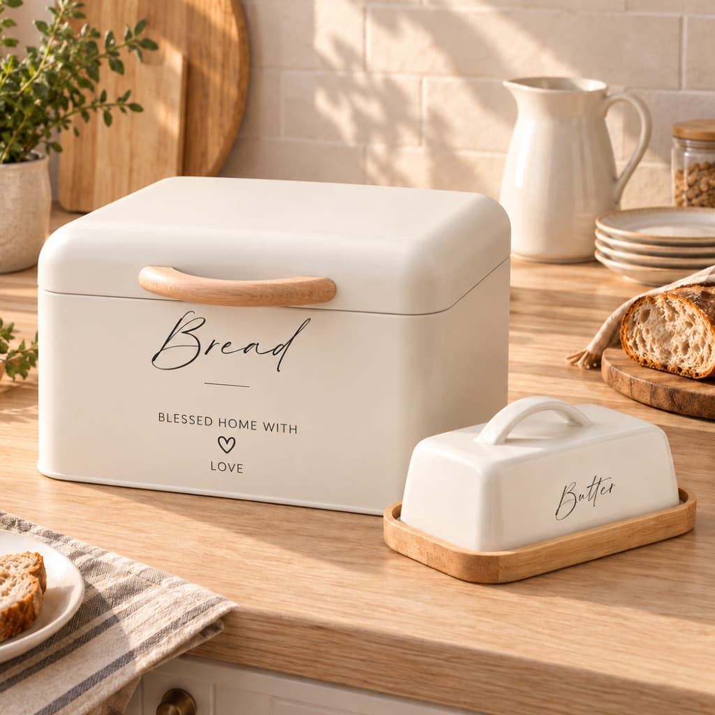 Kit Porta Pão  E Manteigueira de Metal Com Tampa Alça Bege Organizador de Pães Manteiga De Mesa
