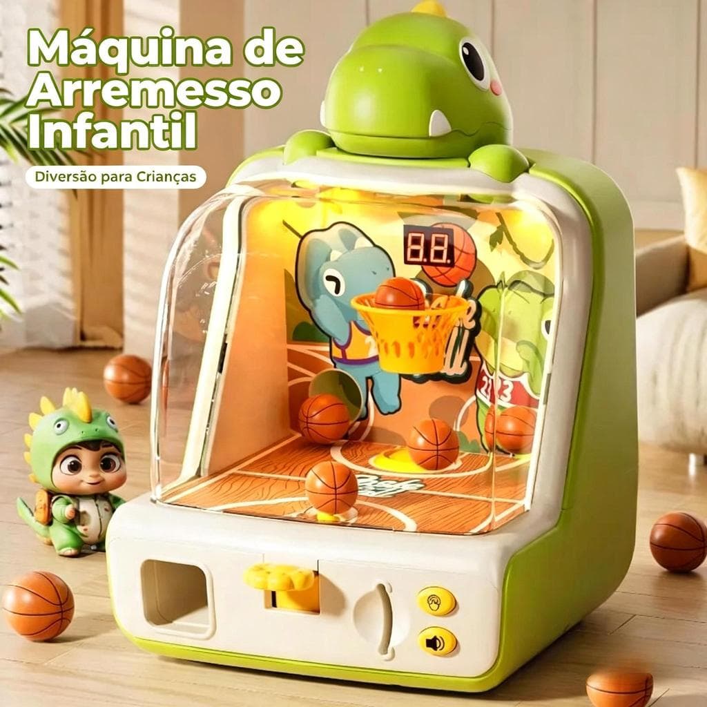 Brinquedo Basquete Infantil Dinossauro Máquina de Arremesso com Pontuação Digital C10 Bolinhas e Moedas Inclusas