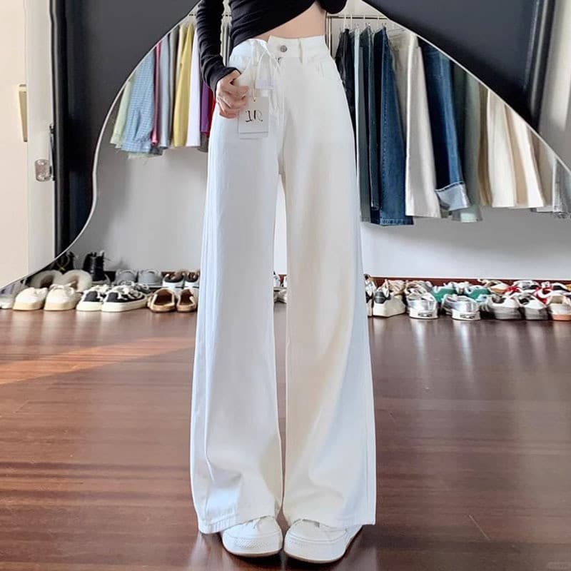 Branco de perna larga Jeans feminino 2025 outono inverno na moda novo estilo cintura alta solta Drape pequena reta esfre