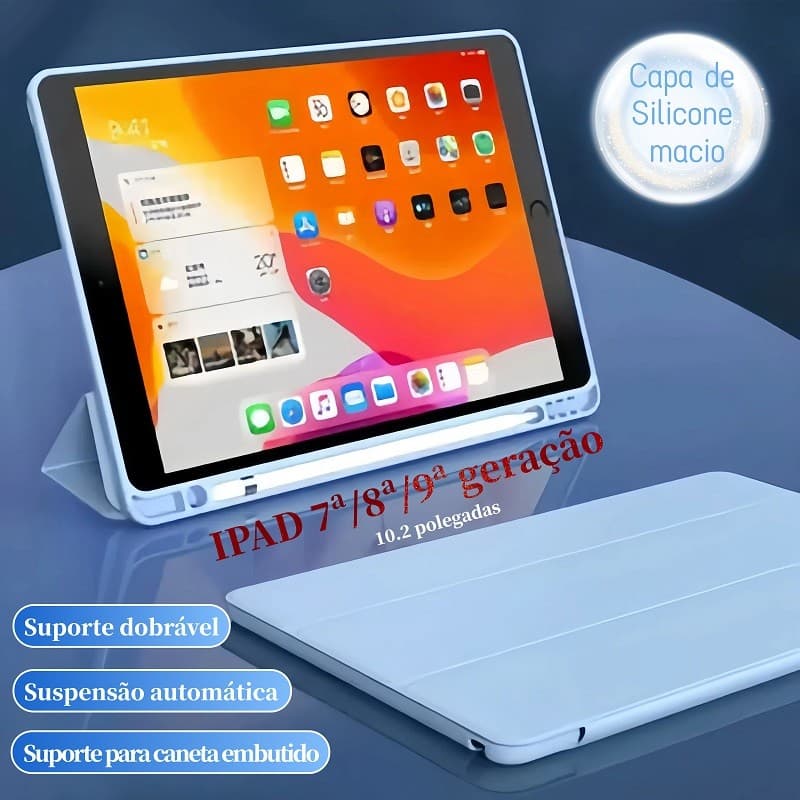 Capa  para iPad A16/10/9/8/7/6/5/Mini–Smart Folio com suporte para caneta e Suporte Trifold