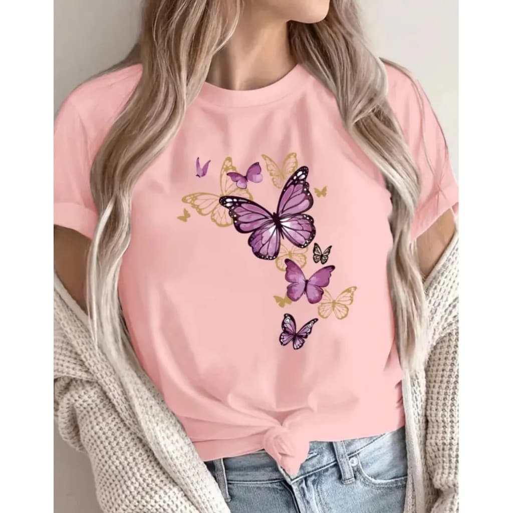 Camisa Blusa T-shirt Feminina Borboleta Flores Camiseta premium 100% Algodão