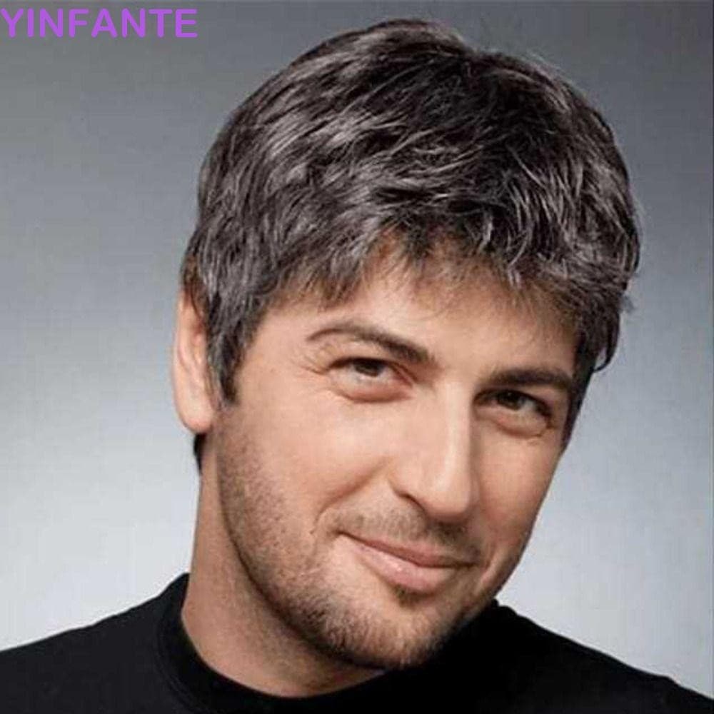 Peruca Masculina Antiga YINFANTEWN , Cabelo Cinza Sintético Natural Macio , Curta Reta Invisível Respirável E Fofa