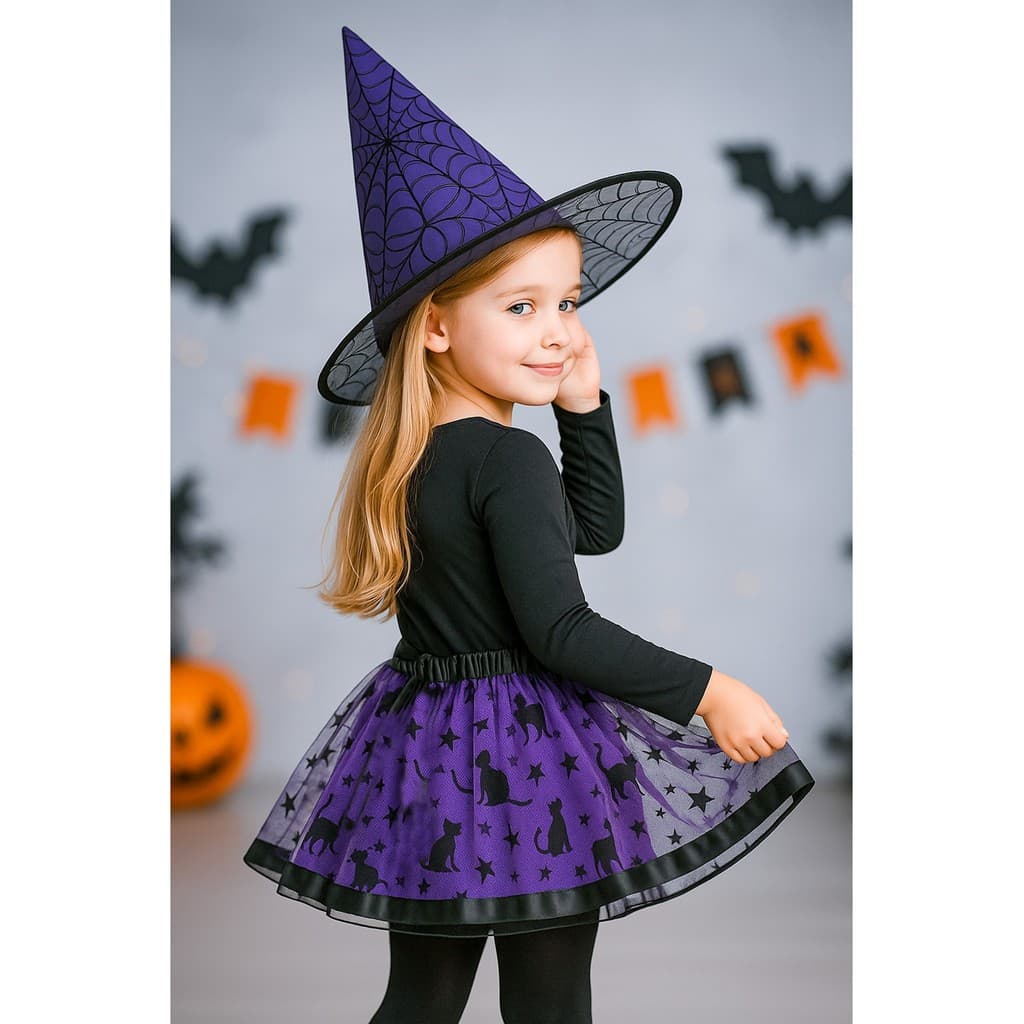 Fantasia de Bruxa Infantil com Chapéu e Saia de Tule Festa Halloween