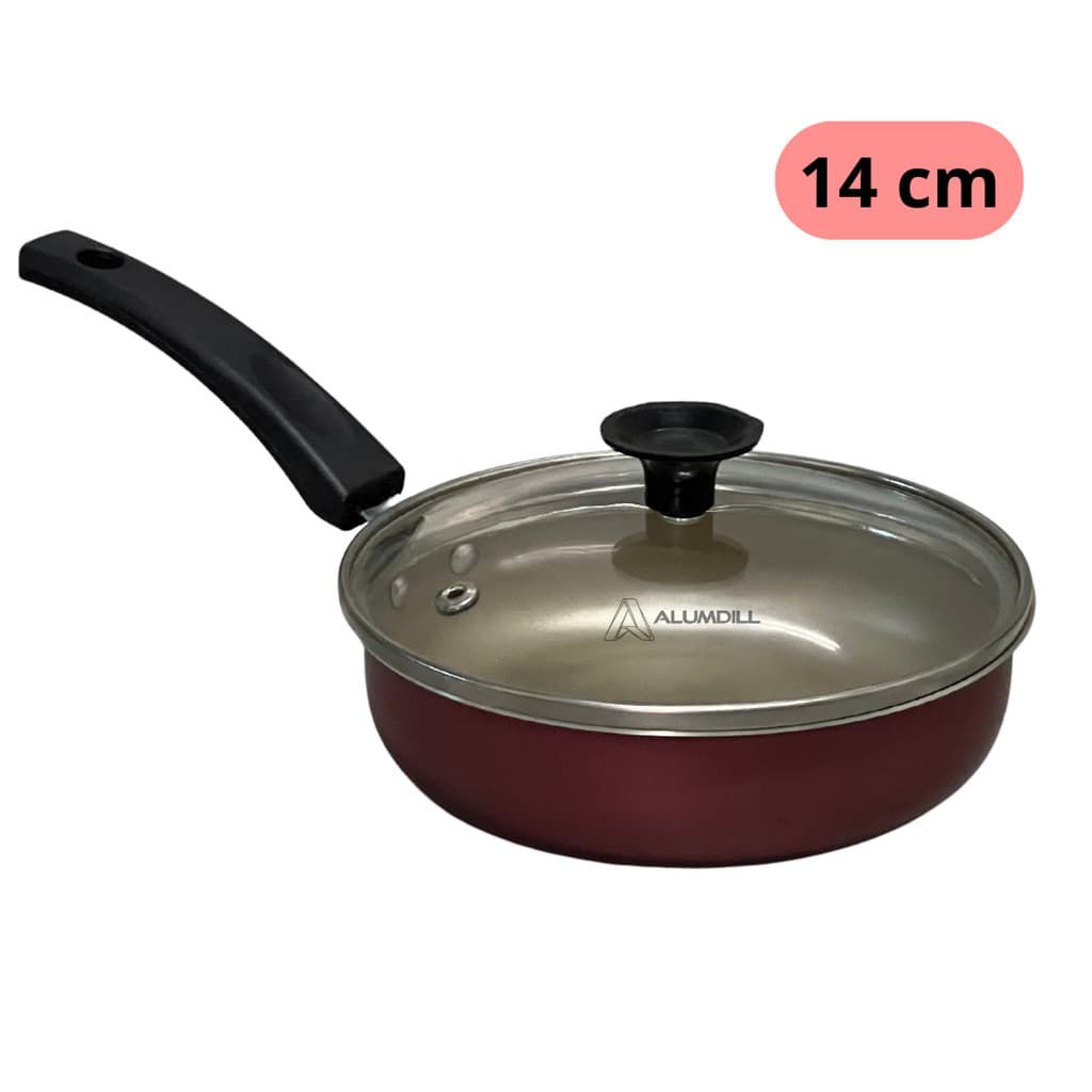 Frigideira Para 1 Ovo Frita Ovo Alumínio Antiaderente Teflon 14 Cm Cereja com Preto Cabo Tampa Vidro