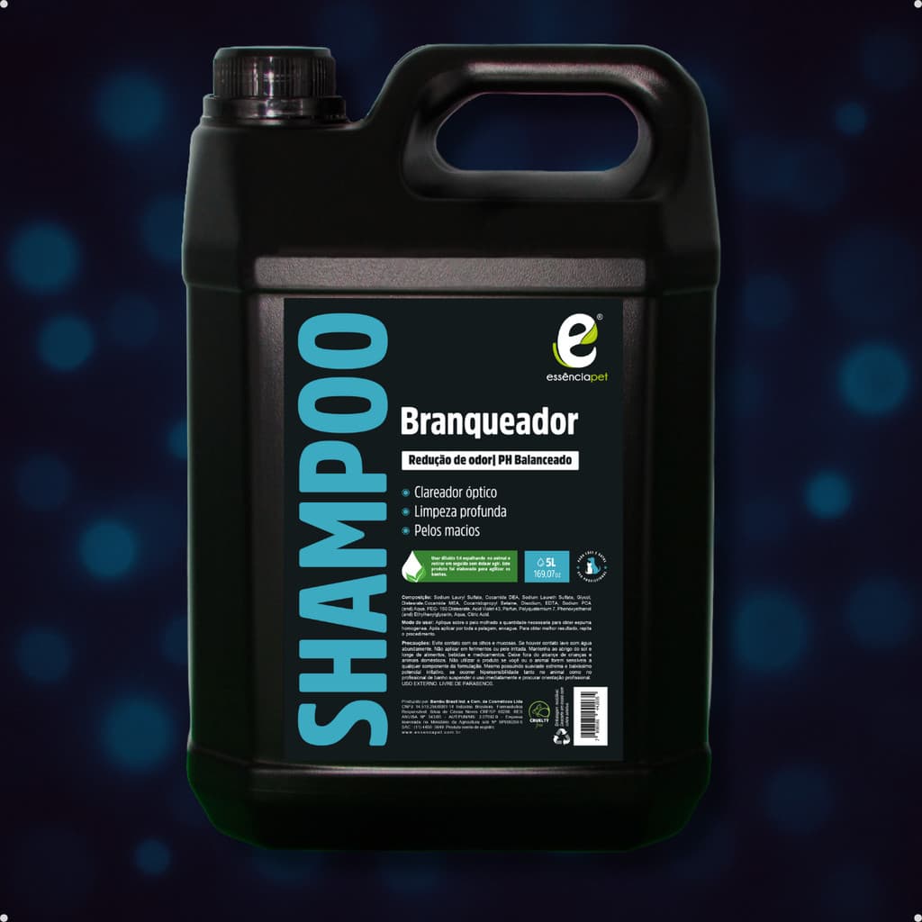Shampoo Branqueador Profissional Pet Shop Premium Essência Pet Banho Cachorro e Gato Galão 5 Litros
