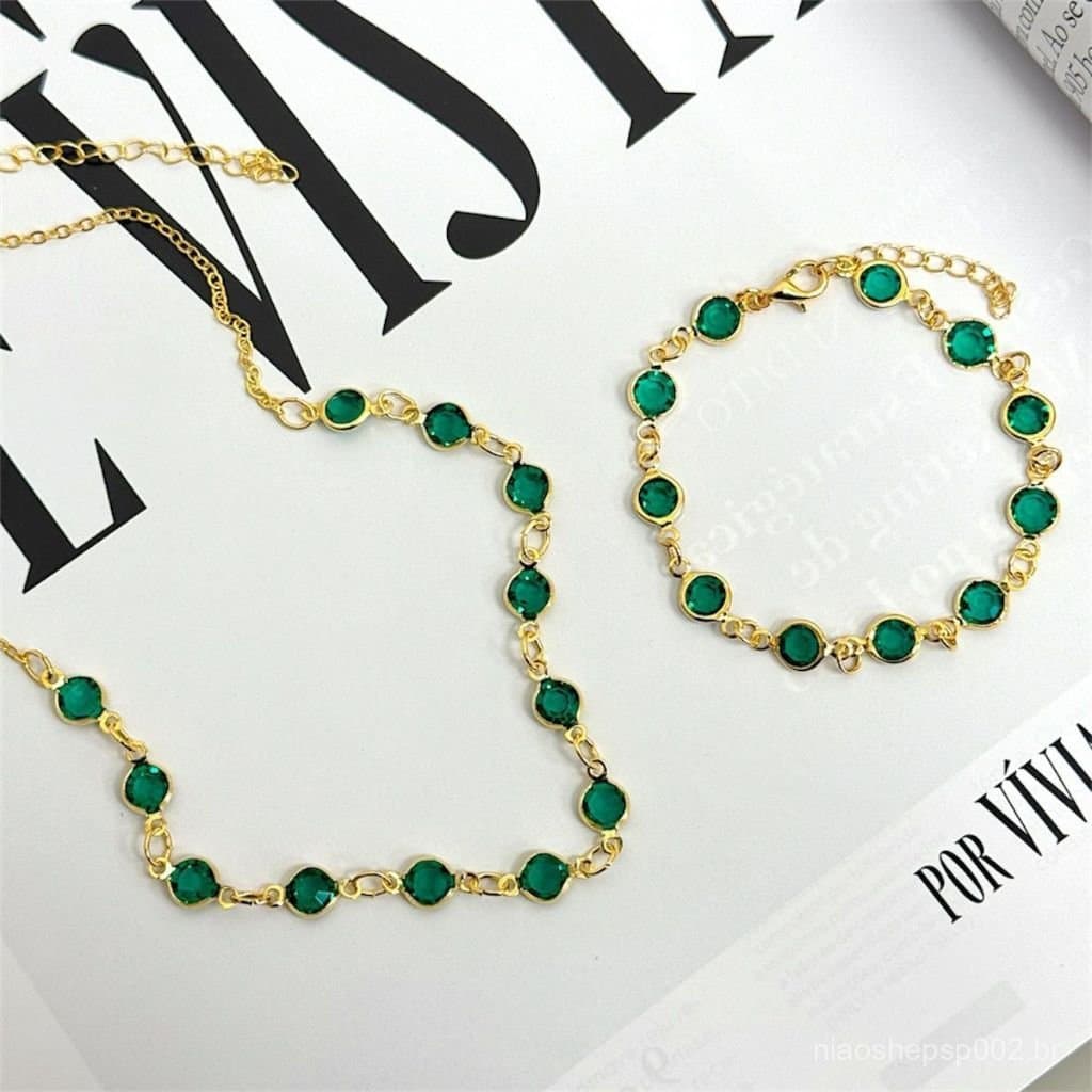 Colar e Pulseira Zirconia Esmeralda Verde Banhado a Ouro 18k