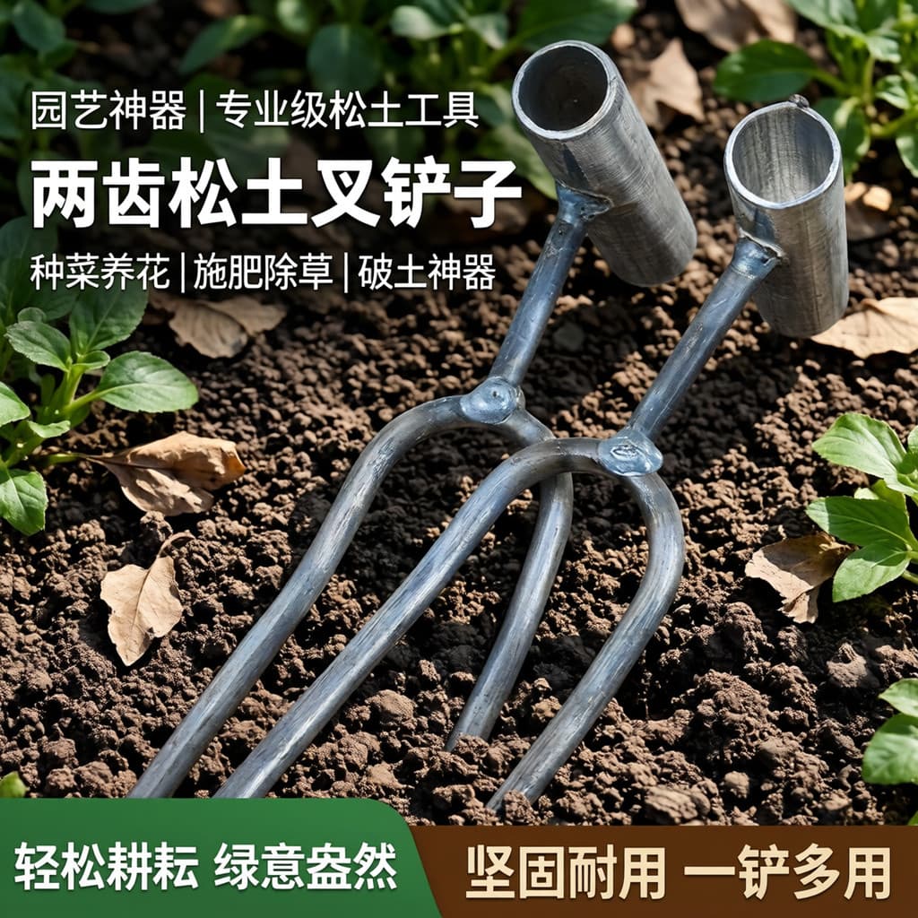 Pá de garfo de dois dentes para solo solto, portátil, ferramenta útil para jardinagem, plantio de vegetais, fertilizante
