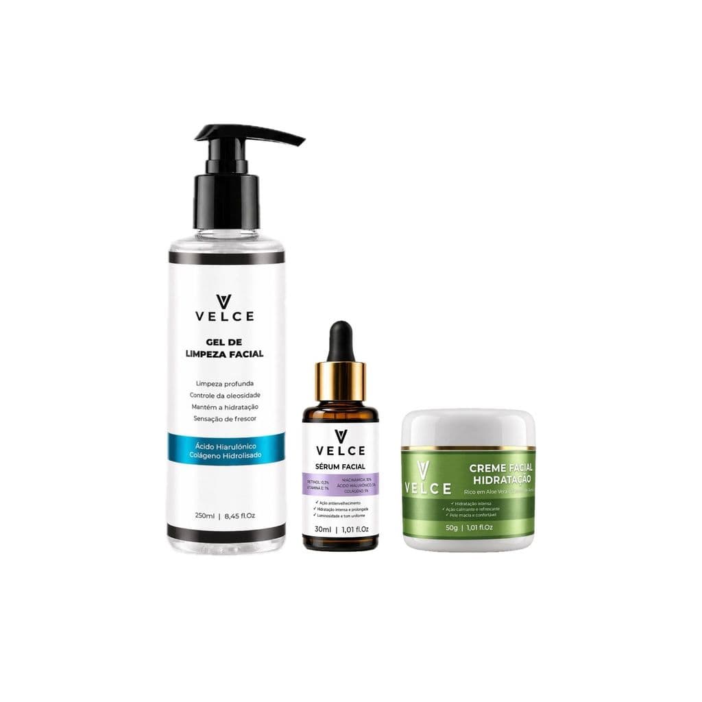 Kit Skincare Completo Velce Gel de Limpeza Facial + Sérum 5 em + Creme Aloe Vera com extrato de aveia