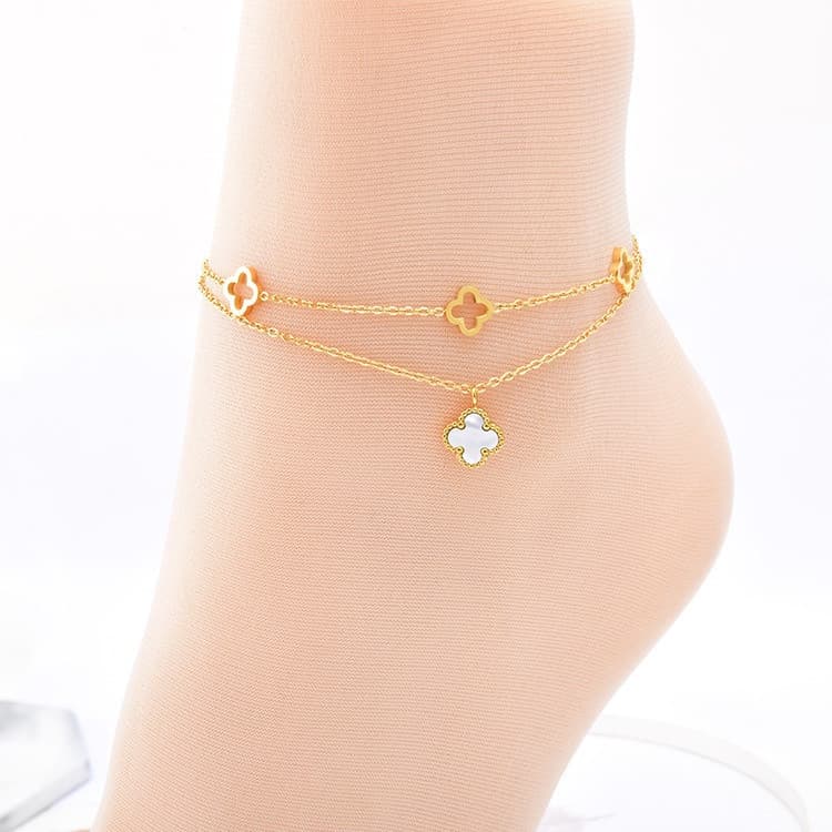 Tendência Da Moda Tornozeleira Dupla De Aço Titânio , Flores Ocas , Marisco Branco , Acessórios De Quatro Folhas , Corre