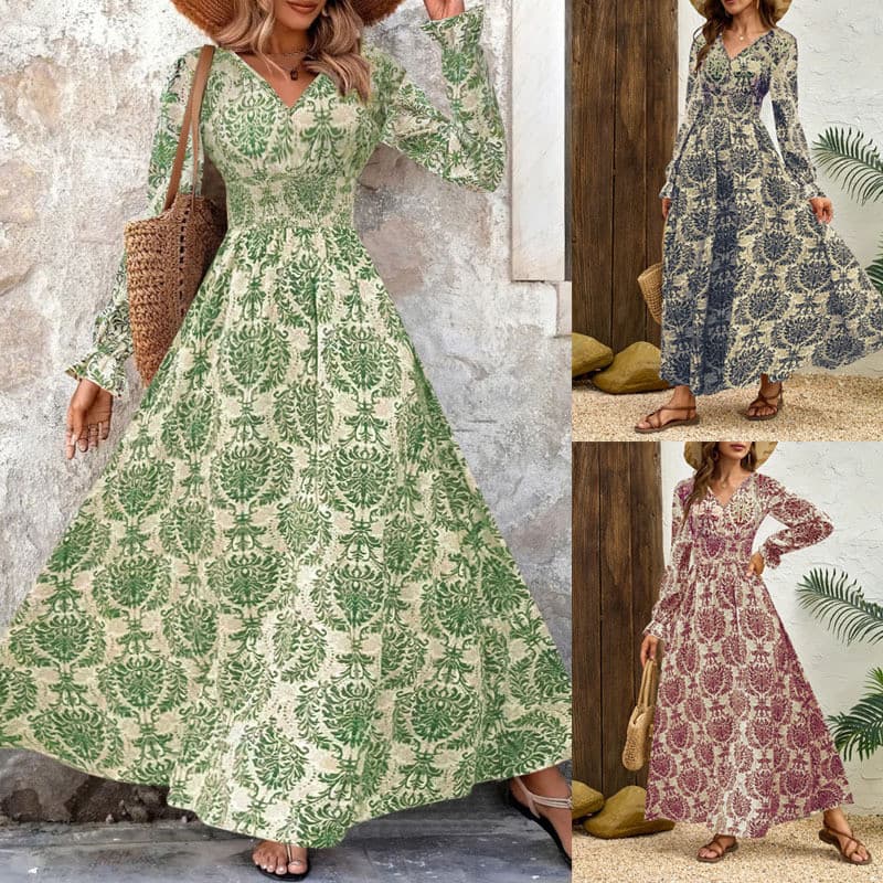 Comércio exterior outono inverno tamanho grande Retro impresso vestido longo de uma peça temperamento com decote em V ve