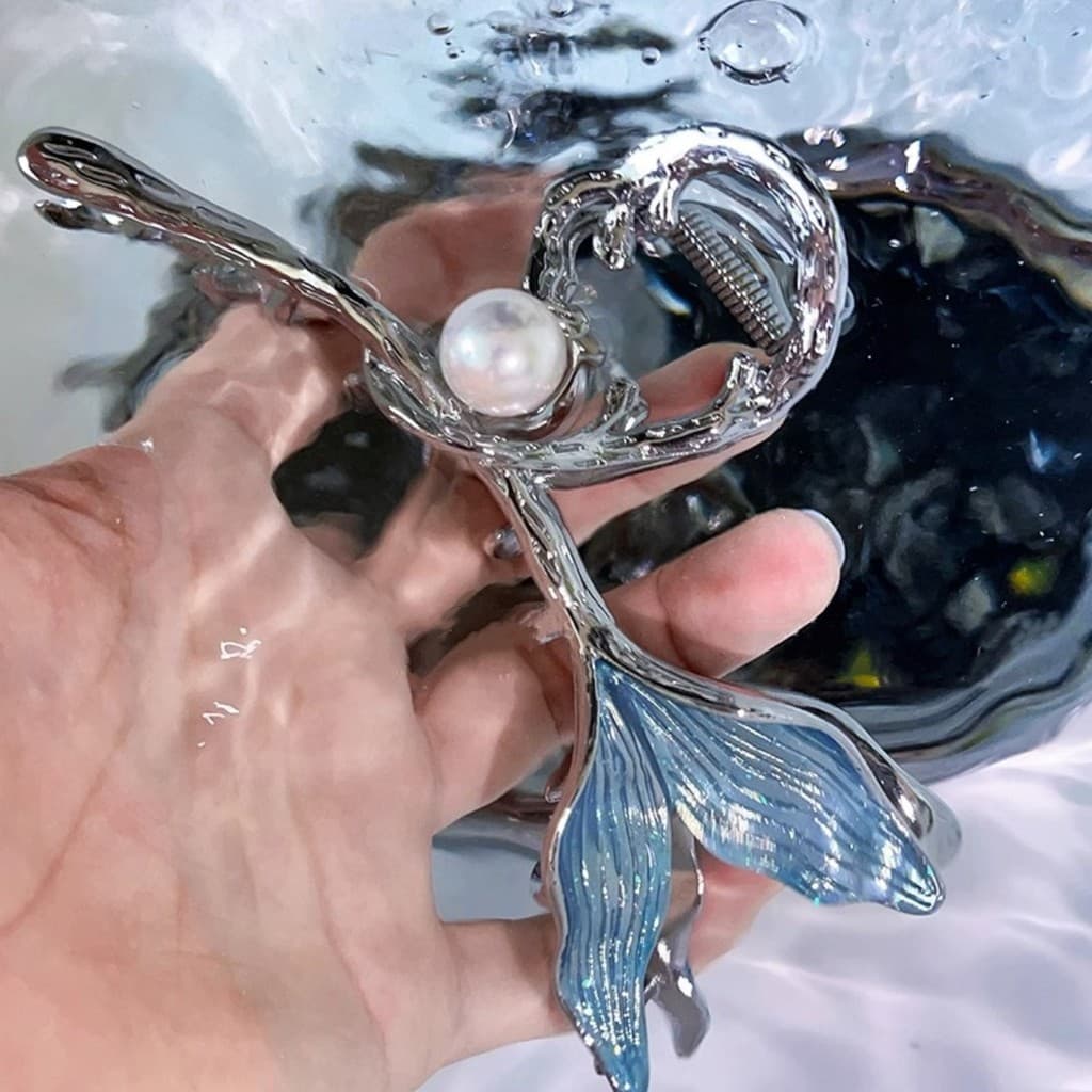 Clipe de cauda de sereia High-End onda do mar profundo baleia grampo de cabelo Metal elegante pérola tubarão clipe
