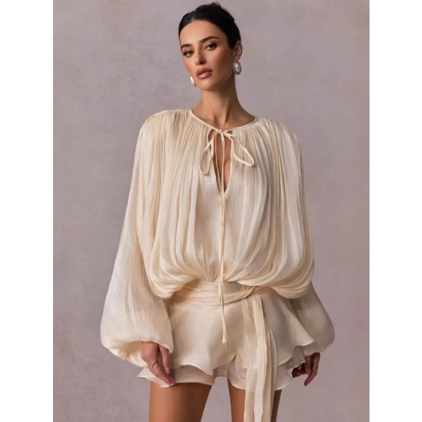 Vestido Curto Francês com Babados e Mangas Bufantes, Conjunto de Duas Peças, Novo Design Franzido 0681