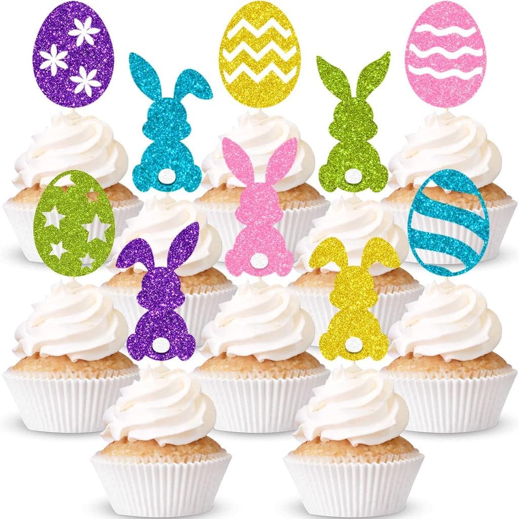 Gersoniel 40 Peças de Decorações para Cupcakes de Páscoa em Lote, Topos de Bolo com Glitter de Coelhinho e Ovo, Decoraçõ