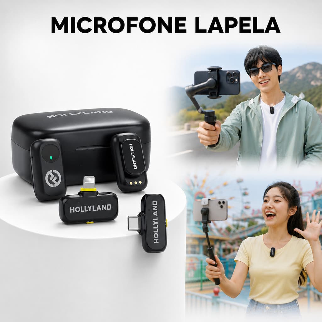 Hollyland LARK A1 Mini Duo Combo Microfone Sem Fio Mini para iPhone 15/16 e Android (2TX + USB-C RX) Microfone Magnético