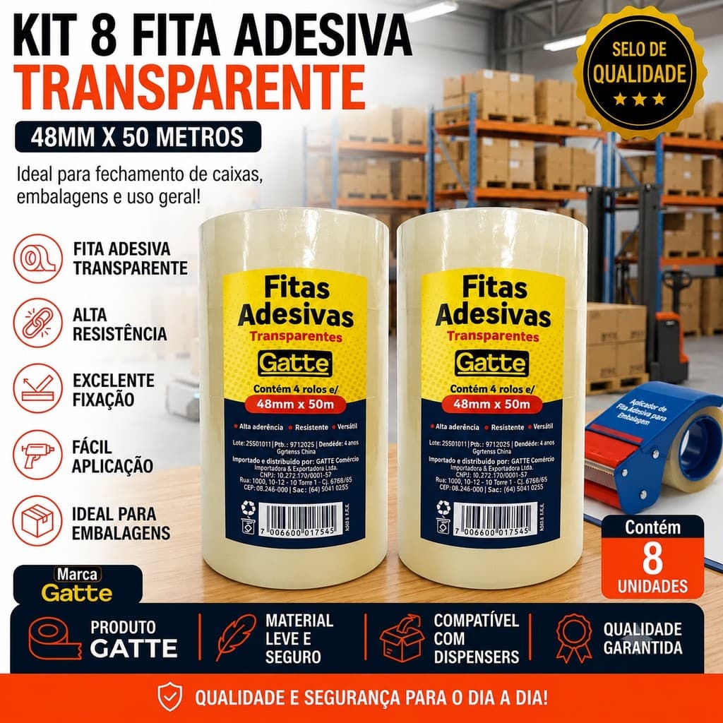 kit 8 Fita Adesiva Transparente 48mm x 50 metros  Alta Resistência e Excelente Fixação Gatte