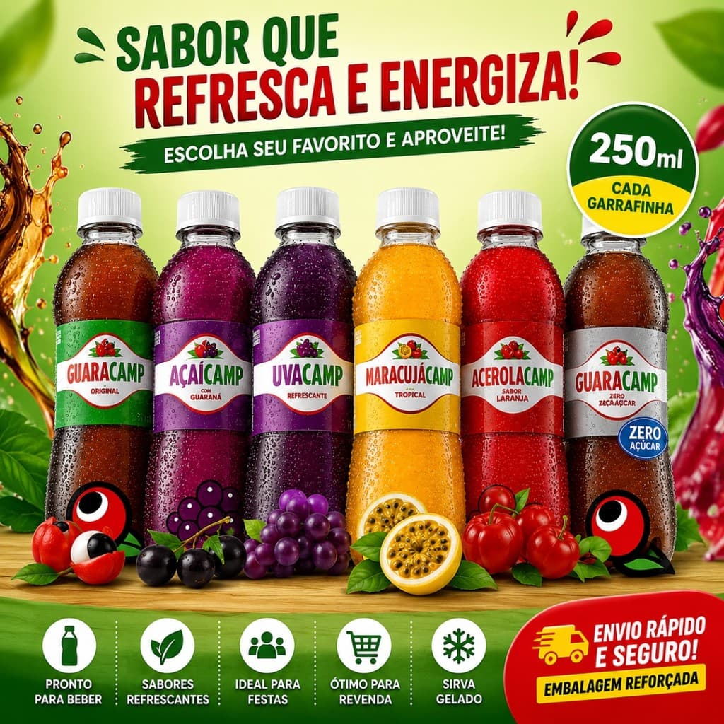 Kit 12 Guaracamp 250ml Original Escolha o Sabor Guaraná Açaí Uva Maracujá Acerola Zero Açúcar