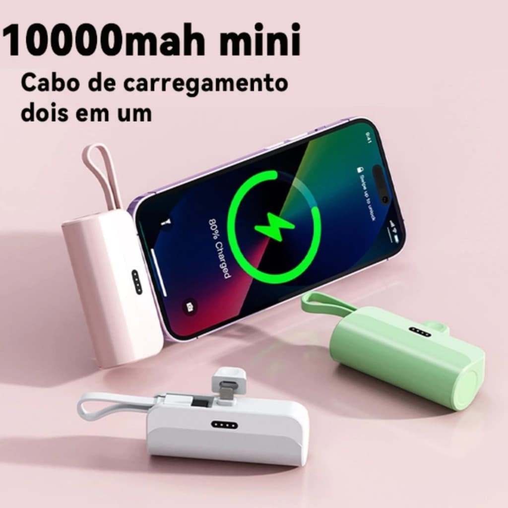 Carregador Mini Power Bank 10000mAh Bateria Sem Fio 2em1 Carregador Portátil para iPhone e Tipo-C