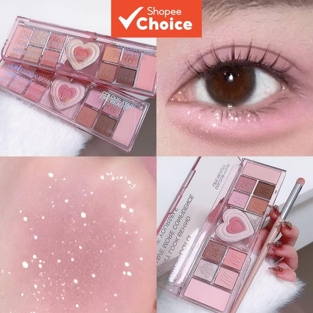 Uma paleta de sombras rosa com corações, incluindo tons matte e brilhantes, com cores vibrantes de longa duração e fácil