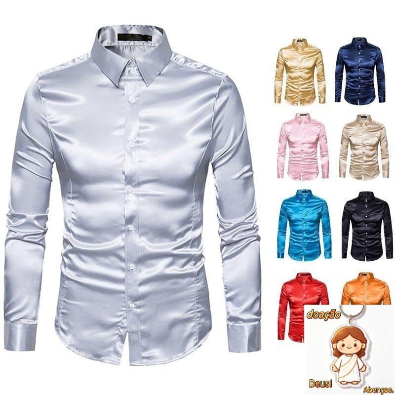 Camisa de cetim masculina com manga comprida Turtlenze Slim Fit Cor Sólida Para Casual Social Festa de Casamento