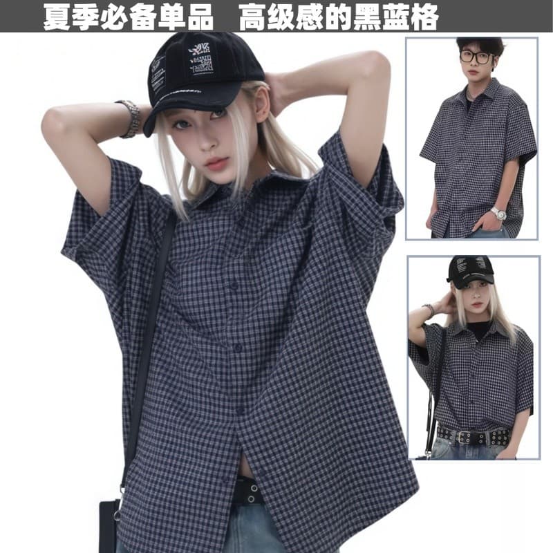 Camisa xadrez resistente à sujeira conveniente High-End fino verificado de manga curta das mulheres dos homens verão ame