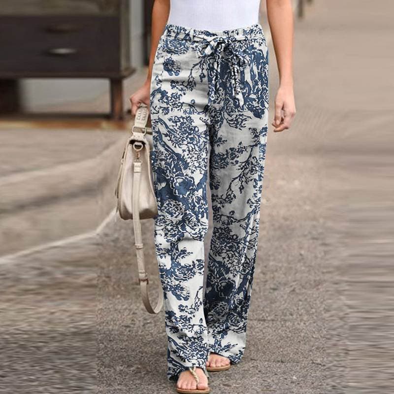 Calças femininas de pernas largas, padrões estampados, azul branco, cinto elástico, equipado com cinto, tecido leve, ade