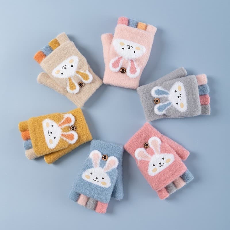 Luvas de Inverno Infantis de Coelho de Desenho Animado para Crianças de 4 a 11 Anos, Luvas de Tricô Grossas com Dedos Se