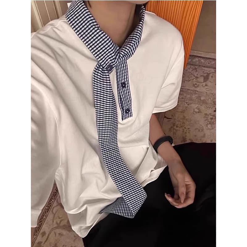Design nicho contraste cor xadrez Streamer lapela camiseta das mulheres dos homens verão novo estilo lapela francesa cam