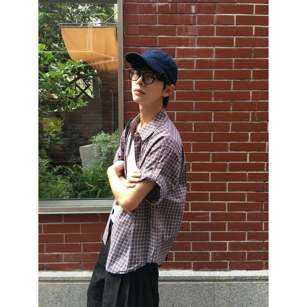 Americano Retro xadrez manga bordada camisa de manga curta verão masculino feminino Design Casual All-Match camisa jaque