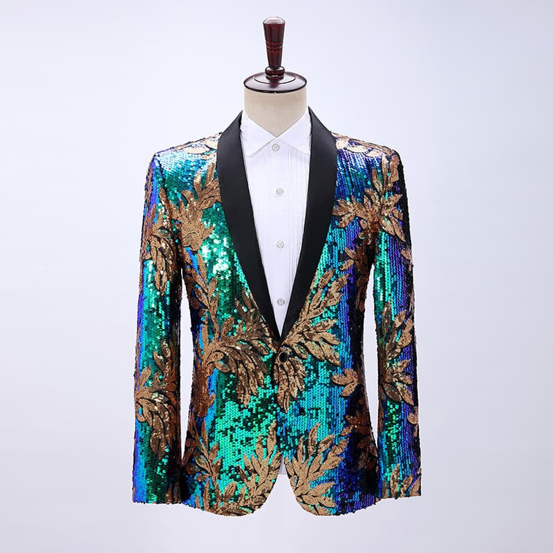 Masculino cor combinando folha lantejoulas moda cidade pequeno terno Bar cantor palco desempenho vestido de manga compri